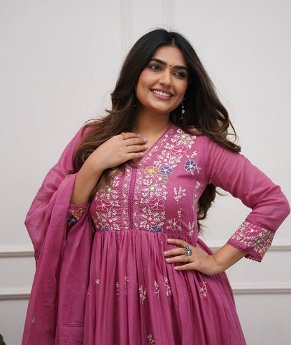 Cotton Flairy Kurti Pant Set with Embroidery & Mal Mal Dupatta