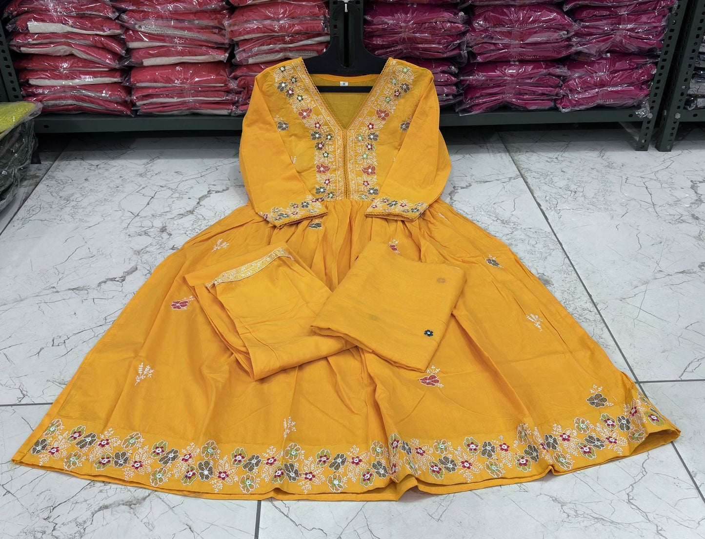 Cotton Flairy Kurti Pant Set with Embroidery & Mal Mal Dupatta