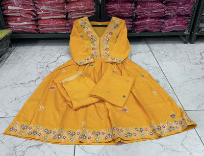 Cotton Flairy Kurti Pant Set with Embroidery & Mal Mal Dupatta