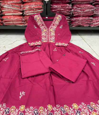 Cotton Flairy Kurti Pant Set with Embroidery & Mal Mal Dupatta