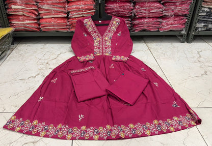 Cotton Flairy Kurti Pant Set with Embroidery & Mal Mal Dupatta
