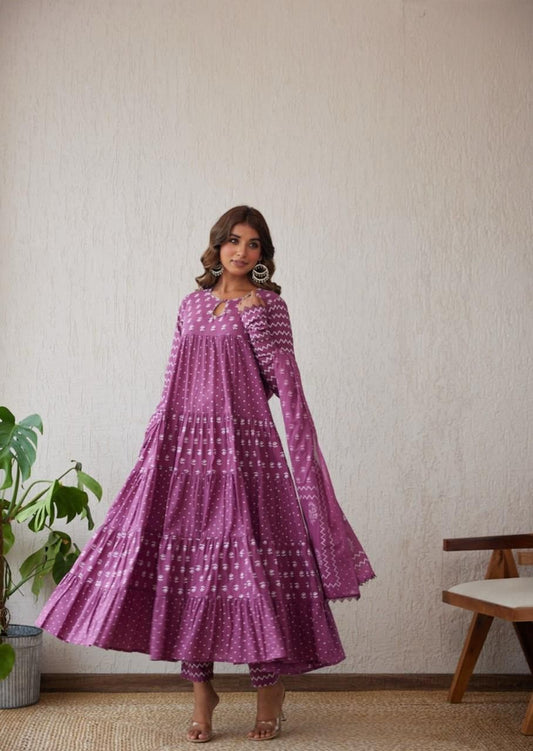 Cotton Flared Anarkali Kurta Set with Work Neckline & Dupatta
