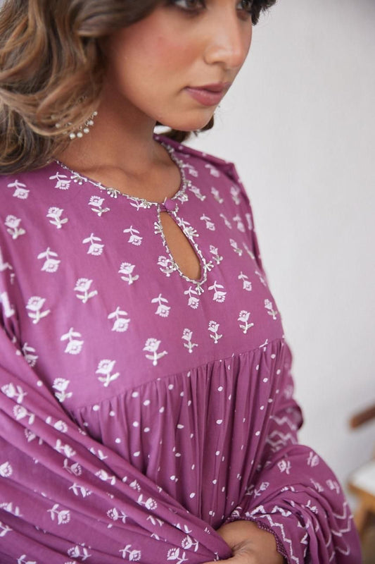 Cotton Flared Anarkali Kurta Set with Work Neckline & Dupatta