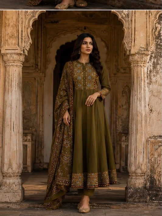 Cotton Flared Anarkali Suit Set with Printed Dupatta