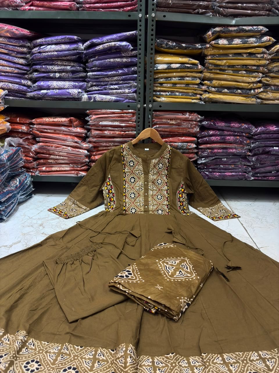Cotton Flared Anarkali Suit Set with Printed Dupatta