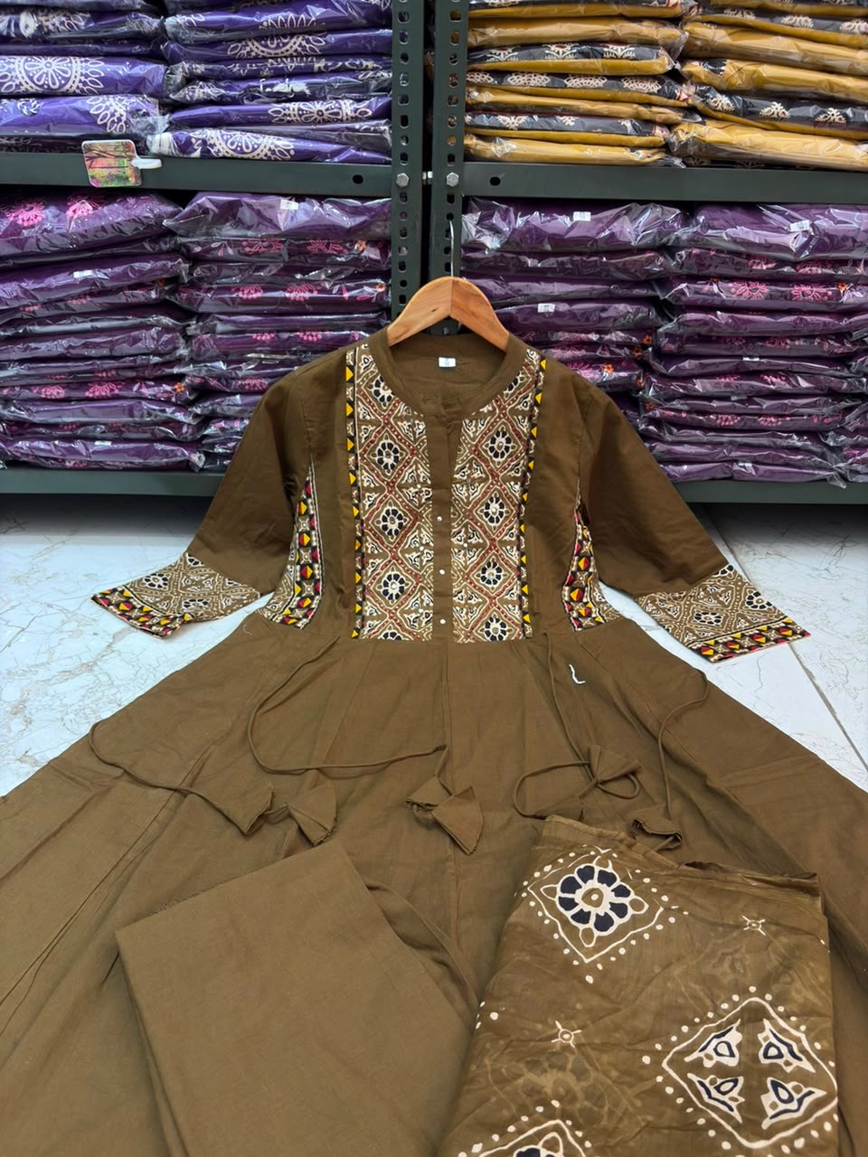 Cotton Flared Anarkali Suit Set with Printed Dupatta