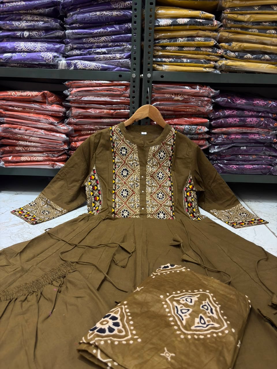 Cotton Flared Anarkali Suit Set with Printed Dupatta