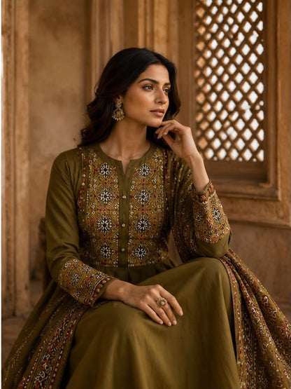 Cotton Flared Anarkali Suit Set with Printed Dupatta