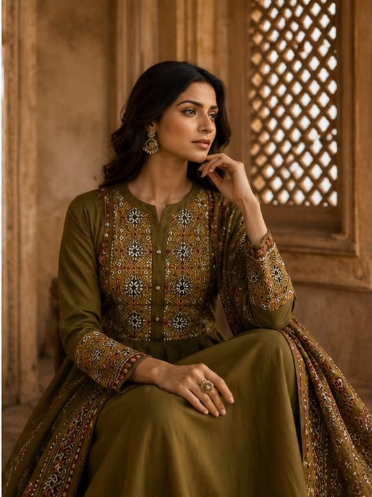 Cotton Flared Anarkali Suit Set with Printed Dupatta