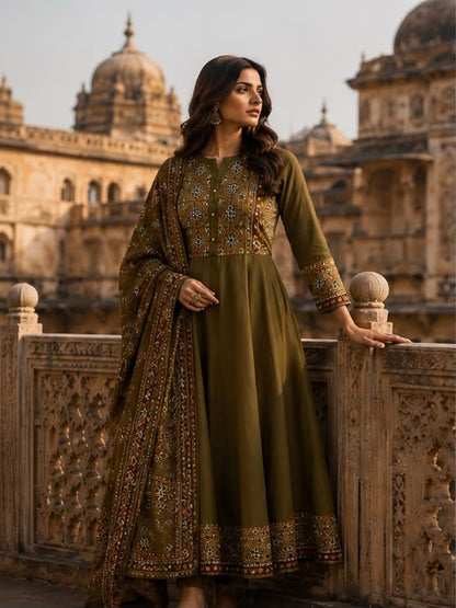 Cotton Flared Anarkali Suit Set with Printed Dupatta