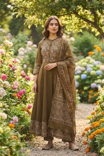 Cotton Flared Anarkali Suit Set with Printed Dupatta