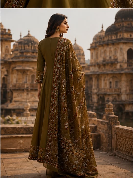 Cotton Flared Anarkali Suit Set with Printed Dupatta