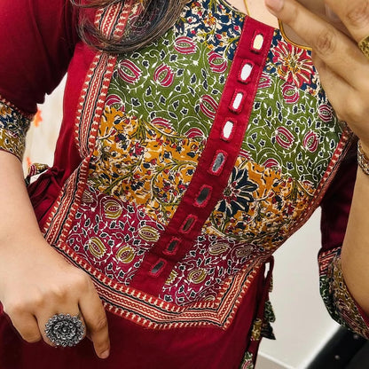 Cotton Flared Kurti Palazzo Set with Mirror Work & Tassels