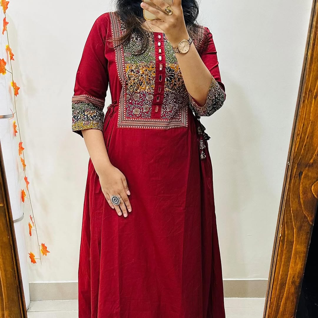 Cotton Flared Kurti Palazzo Set with Mirror Work & Tassels