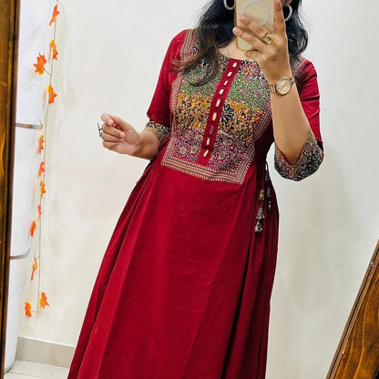 Cotton Flared Kurti Palazzo Set with Mirror Work & Tassels