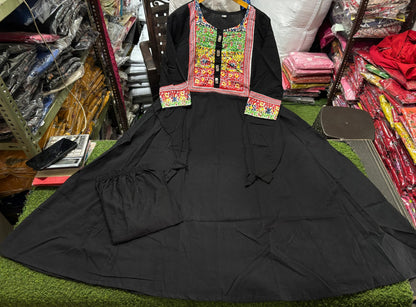 Cotton Flared Kurti Palazzo Set with Mirror Work & Tassels