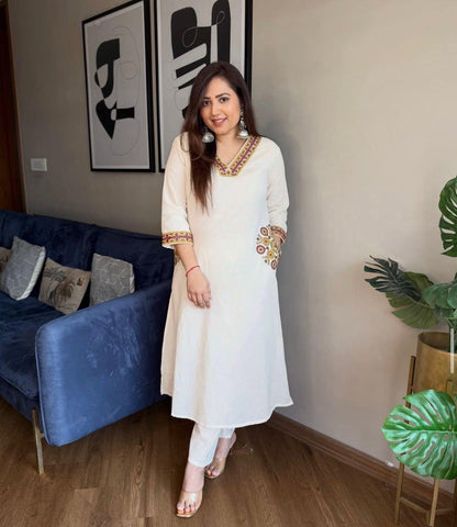 Cotton Flex A-Line Kurti Set with Embroidery & Pocket Detailing