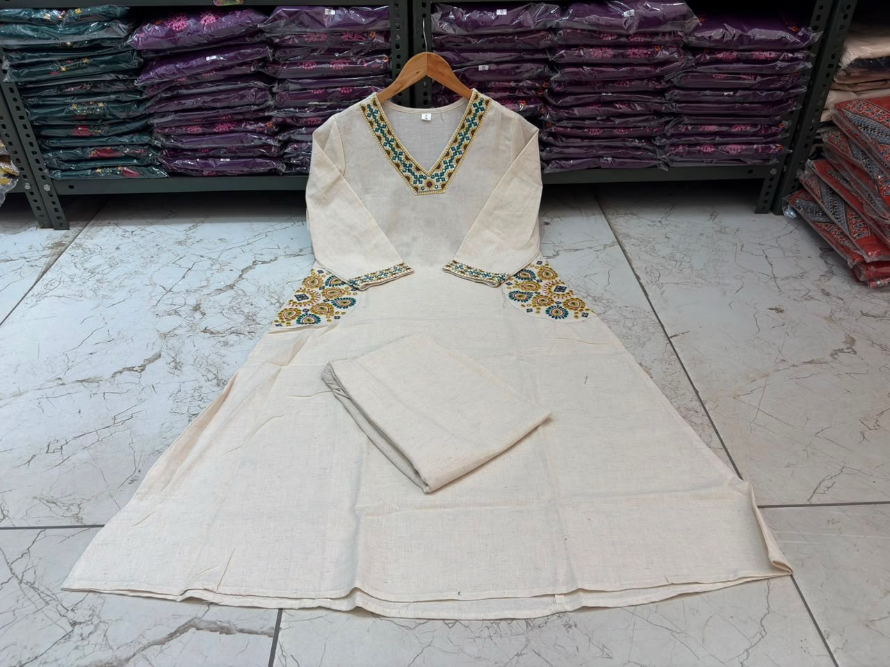 Cotton Flex A-Line Kurti Set with Embroidery & Pocket Detailing