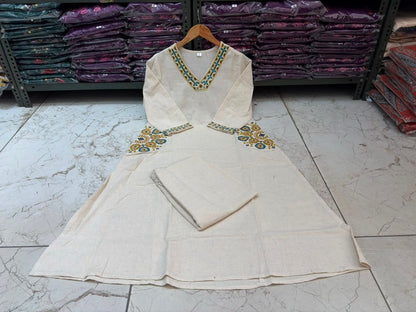 Cotton Flex A-Line Kurti Set with Embroidery & Pocket Detailing