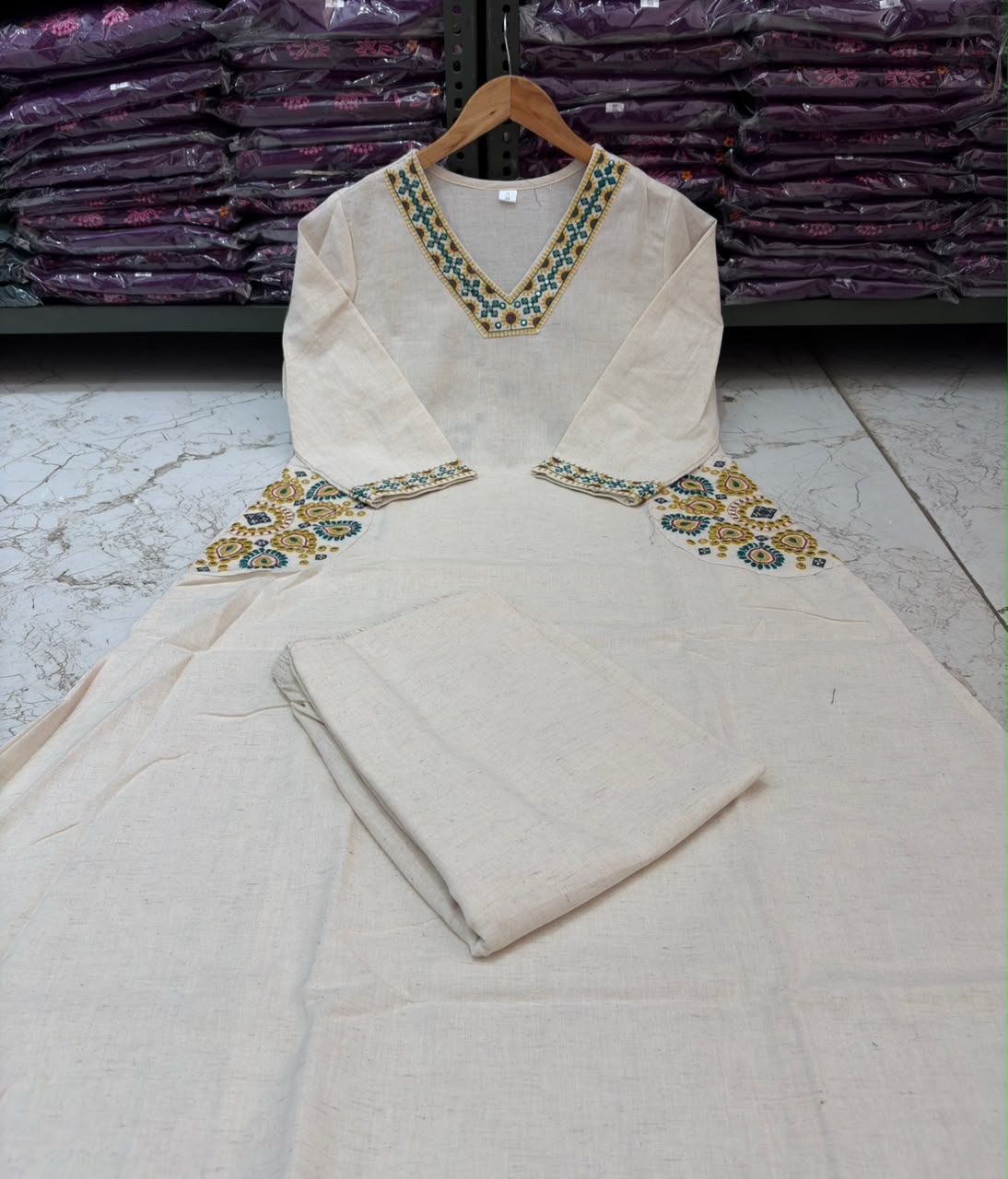 Cotton Flex A-Line Kurti Set with Embroidery & Pocket Detailing