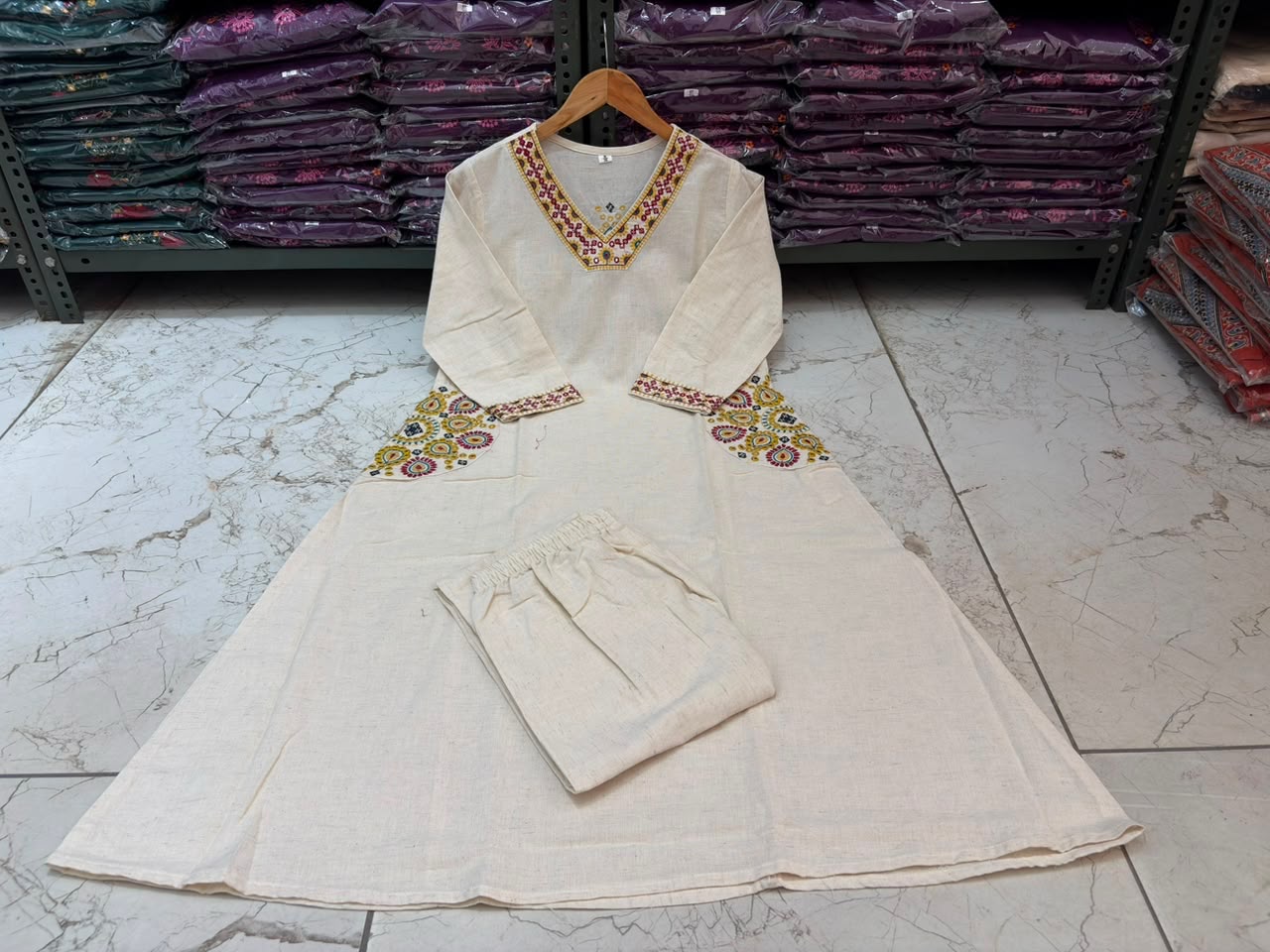 Cotton Flex A-Line Kurti Set with Embroidery & Pocket Detailing