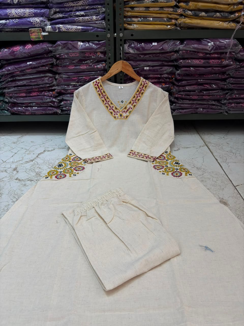 Cotton Flex A-Line Kurti Set with Embroidery & Pocket Detailing