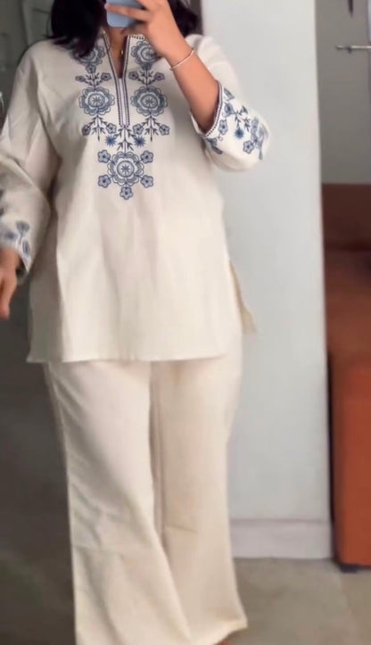 Cotton Flex Co-Ord Set with Embroidered Yoke & Sleeves