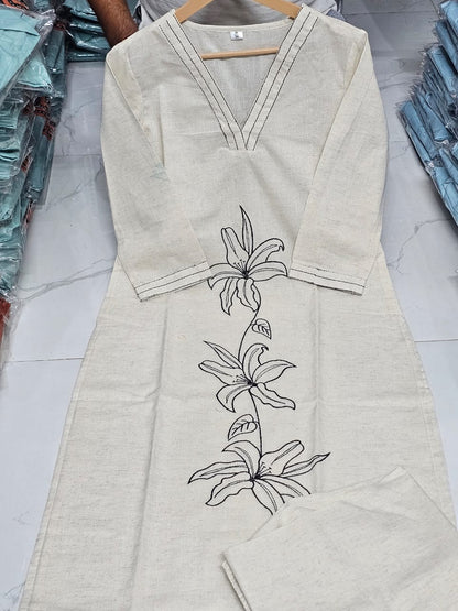 Cotton Flex Embroidered Kurta Pant Set for Women – Straight Fit Design