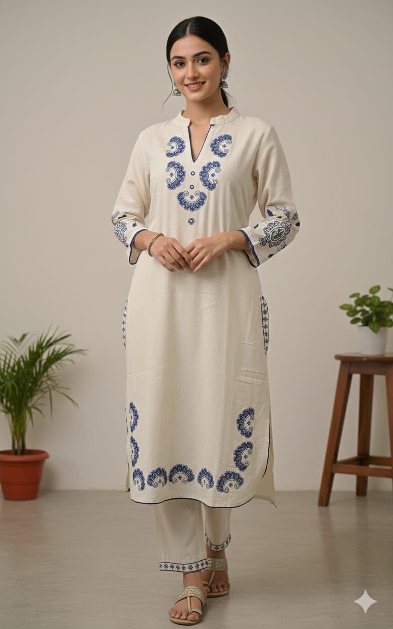 Cotton Flex Embroidered Kurta Pant Set with Lace Work & Pockets