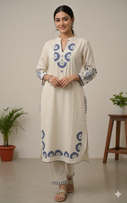 Cotton Flex Embroidered Kurta Pant Set with Lace Work & Pockets