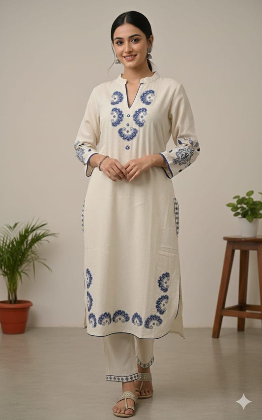 Cotton Flex Embroidered Kurta Pant Set with Lace Work & Pockets