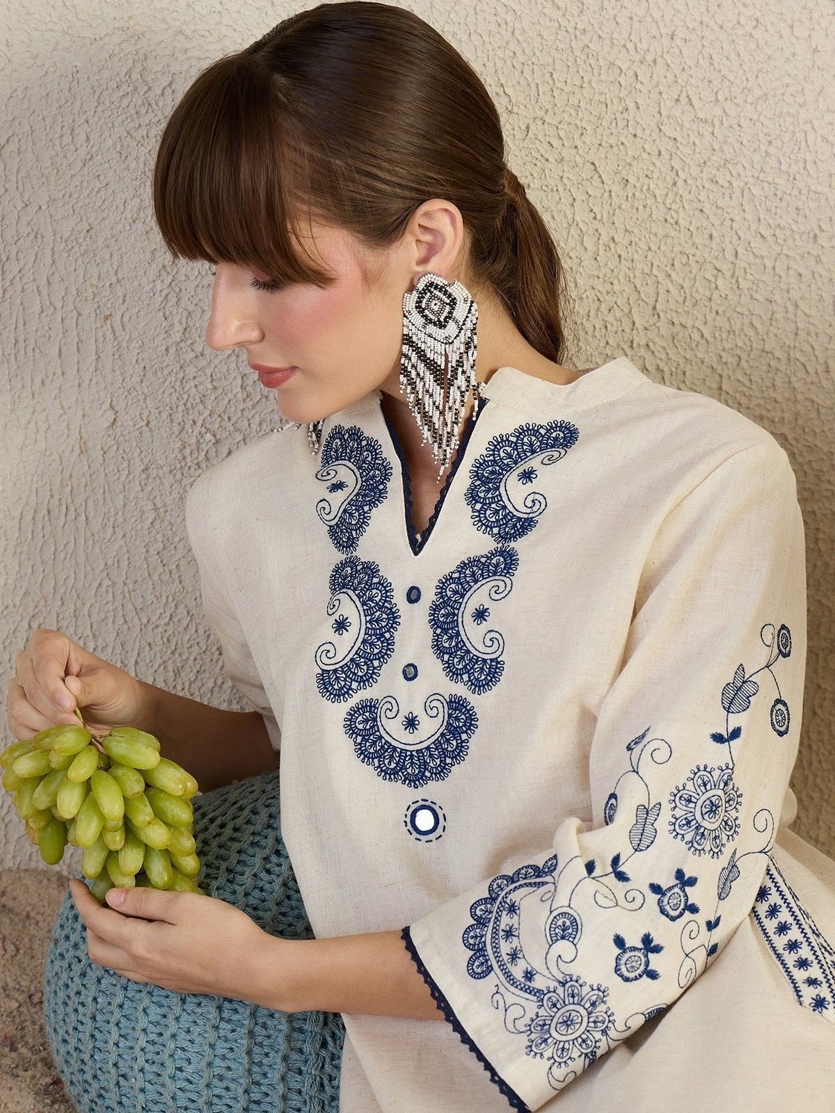 Cotton Flex Embroidered Kurta Pant Set with Lace Work & Pockets