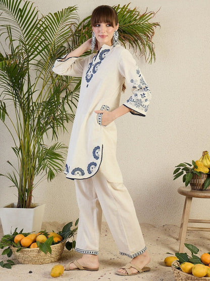 Cotton Flex Embroidered Kurta Pant Set with Lace Work & Pockets