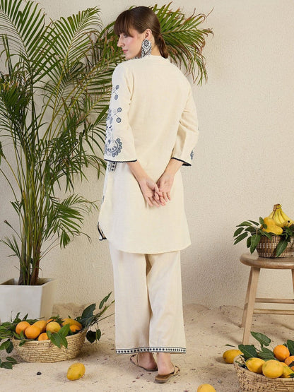 Cotton Flex Embroidered Kurta Pant Set with Lace Work & Pockets
