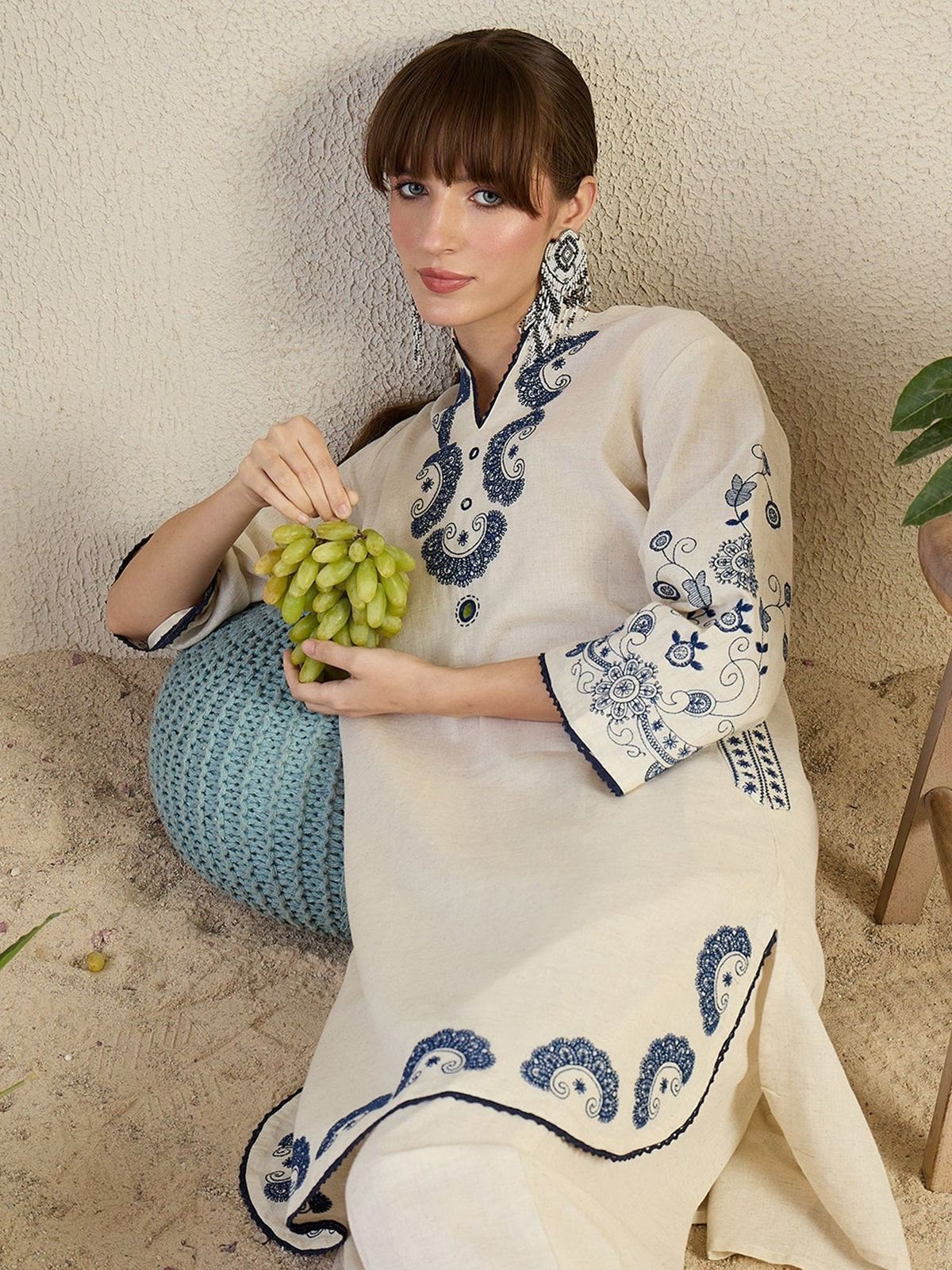 Cotton Flex Embroidered Kurta Pant Set with Lace Work & Pockets