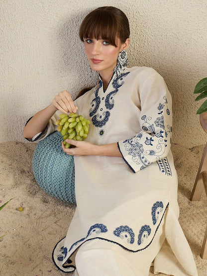 Cotton Flex Embroidered Kurta Pant Set with Lace Work & Pockets