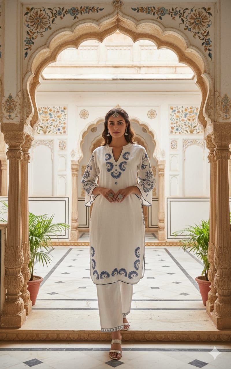 Cotton Flex Embroidered Kurta Pant Set with Lace Work & Pockets