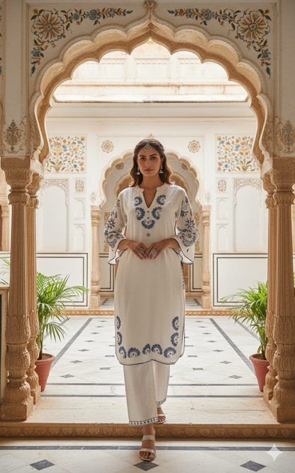 Cotton Flex Embroidered Kurta Pant Set with Lace Work & Pockets