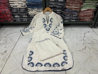 Cotton Flex Embroidered Kurta Pant Set with Lace Work & Pockets