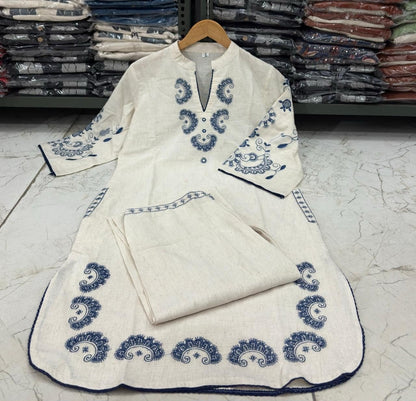 Cotton Flex Embroidered Kurta Pant Set with Lace Work & Pockets
