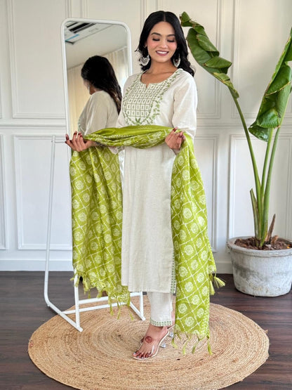 Cotton Flex Embroidered Kurta Pant Set with Silk Dupatta