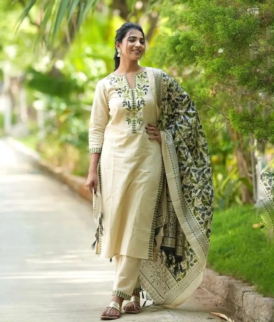 Cotton Flex Embroidered Kurta Pant Set with Silk Dupatta