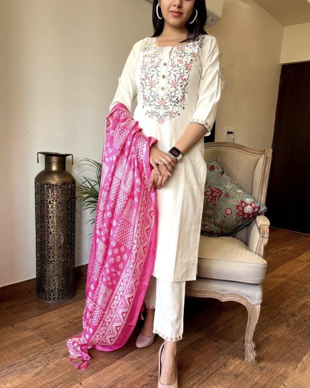 Cotton Flex Embroidered Kurta Pant Set with Silk Dupatta