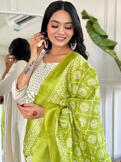 Cotton Flex Embroidered Kurta Pant Set with Silk Dupatta