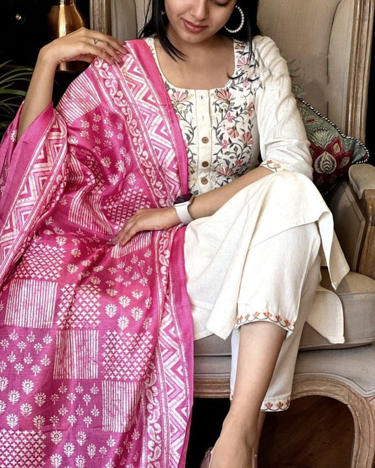 Cotton Flex Embroidered Kurta Pant Set with Silk Dupatta
