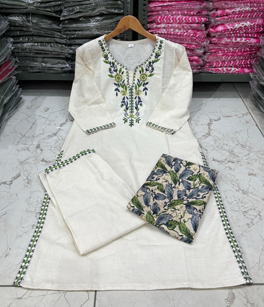 Cotton Flex Embroidered Kurta Pant Set with Silk Dupatta