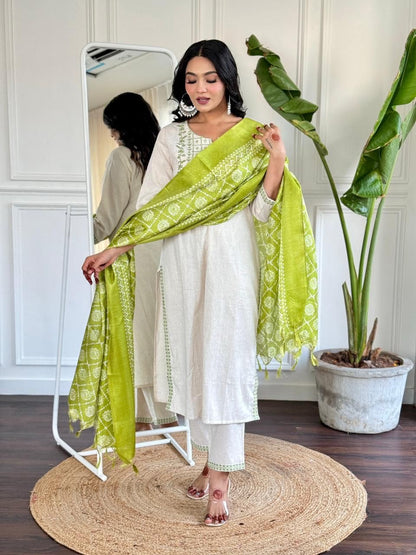 Cotton Flex Embroidered Kurta Pant Set with Silk Dupatta
