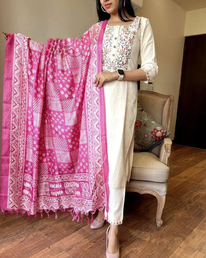 Cotton Flex Embroidered Kurta Pant Set with Silk Dupatta