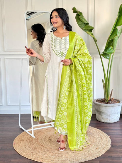 Cotton Flex Embroidered Kurta Pant Set with Silk Dupatta