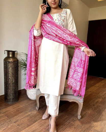 Cotton Flex Embroidered Kurta Pant Set with Silk Dupatta